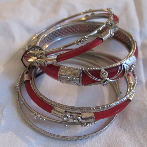 Jewelry - Funky silver and red bangle bracelets